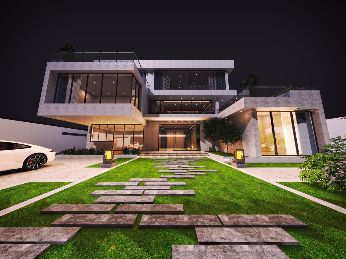 Luxury villa exterior at night